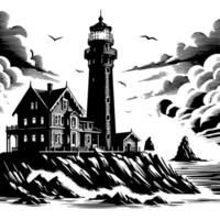 noir et blanc illustration de une traditionnel vieux phare sur le rochers vecteur