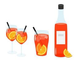 cocktail aperol spritz sur fond blanc. deux verres à vin, un verre et une bouteille d'alcool. vecteur