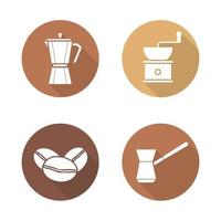 équipement de brassage de café design plat grandissime icônes définies. pot moka, cafetière classique, cezve turc, broyeur et grains. illustration vectorielle vecteur