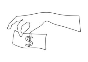 main tenant le dessin au trait continu de l'argent du dollar, une main dessinée. vecteur