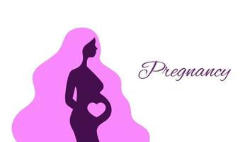 silhouette de femme enceinte de profil isolé. jeune femme enceinte avec logo cheveux longs. texte de grossesse. illustration vectorielle vecteur