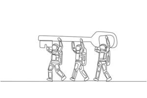 continu un ligne dessin groupe de astronautes travail ensemble porter le clé. offre le meilleur solution. clé à succès. cosmonaute extérieur espace. expédition. Célibataire ligne dessiner conception illustration vecteur