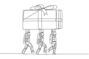 Célibataire continu ligne dessin groupe de astronautes travail ensemble à porter cadeau boîte. une réussi espace expédition mission. décerner. réalisation. cosmonaute espace. un ligne conception illustration vecteur