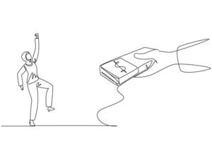 Célibataire continu ligne dessin arabe femme d'affaires excité à avoir une empiler de billets de banque de géant main. symbole de succès. beaucoup de bonus. argent est copieux. un ligne conception illustration vecteur