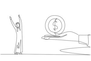 continu un ligne dessin arabe homme d'affaire est excité à avoir dollar symbole pièce de monnaie de une géant main. rentable prix. utile à donjon. entreprise capital. Célibataire ligne dessiner conception illustration vecteur