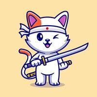 mignonne chat en portant épée katana dessin animé vecteur