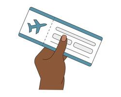 peau foncée main détient une vol billet. en volant sur un avion. main de un Américain, africain femme en portant papier billet pour en volant transport. passager. vacances ou affaires voyage. illustration vecteur