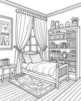 kawaii chambre à coucher, dessin animé personnages, mignonne lignes et couleurs, coloration pages vecteur