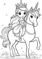 Princesse cheval Licorne kawaii dessin animé personnages mignonne lignes et couleurs coloration pages vecteur