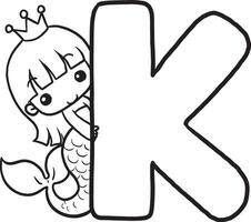 Police de caractère k Sirène mignonne dessin animé personnages, lignes et coloré coloration pages. vecteur