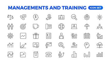 affaires ou organisation la gestion icône ensemble. contenant directeur, travail en équipe, stratégie, commercialisation, entreprise, planification, entraînement, employé Icônes. solide Icônes collection. contour icône collection. vecteur