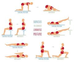 faire des exercices pour une lordotique dos. éducatif instructions pour physiothérapeute, départ position et mouvement. vecteur