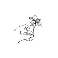 dessin à la main doodle en ligne continue sur le thème du retour à la nature avec les mains tenant une plante vecteur