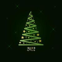 arbre de noël vert magique fait de ruban et d'étoiles dorées sur un fond vert foncé avec des étoiles scintillantes. joyeux noël et bonne année 2022. illustration vectorielle. vecteur