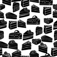 modèle sans couture avec des silhouettes noires de morceaux de divers gâteaux à la crème et aux fruits sur fond blanc, pâtisseries festives sucrées vecteur