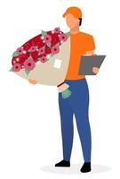 courrier avec caractère vectoriel plat de fleurs. concept de service de livraison de bouquets. livreur, postier a livré un cadeau et tenant un presse-papiers avec une illustration de dessin animé de reçu isolé sur fond blanc