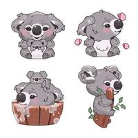Ensemble de personnages de vecteur de dessin animé mignon koala bear kawaii. animal adorable et drôle assis sur une branche, se baignant et se relaxant, autocollants isolés, pack de patchs. Anime bébé koala sur fond blanc