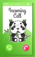 écran d'application mobile pour enfants d'appel entrant avec personnage de dessin animé kawaii. application de fille de smartphone. accepter et refuser les boutons d'appel avec un joli panda. page de téléphone vert ui, interface ux et animal vecteur