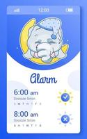 modèle d'interface de smartphone d'alarme avec personnage kawaii éléphant. mise en page de conception de page d'application mobile. horloge, écran de widget de minuterie. interface utilisateur de bande dessinée pour l'application des enfants. écran de téléphone avec animal de zoo anime vecteur