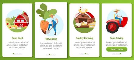 modèle vectoriel d'écran d'application mobile pour l'agriculture et l'agriculture. basse-cour, récolte, ferme avicole, conduite de tracteur. site Web pas à pas avec des caractères plats. interface de smartphone ux, ui, gui