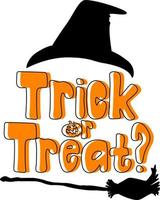 Trick or Treat word logo avec chapeau de sorcière et manche à balai vecteur