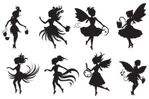 ensemble de silhouettes de fées isolé sur blanc Contexte. magique fées dans le dessin animé style gratuit conception vecteur
