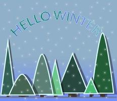 bonjour lettrage d'hiver, arbres de noël plats peints en vert de différentes formes, couleurs et tailles et flocons de neige blancs tombant sur fond gris vecteur