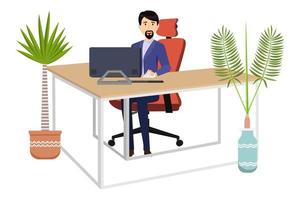 homme d'affaires indépendant assis sur un joli bureau moderne et mignon avec une table en forme de l et une chaise de bureau ordinateur pc avec des plantes d'intérieur vecteur