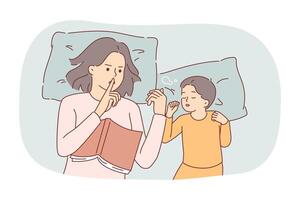 surprotection de mère fabrication geste de silence, mensonge dans lit avec en train de dormir enfant vecteur