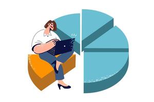 femme statisticien est assis sur géant graphique avec portable dans mains, en cours d'analyse gros Les données à propos entreprise le revenu vecteur