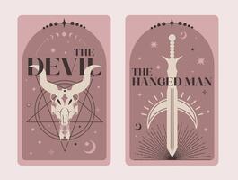 paires de tarot cartes diable et le pendu homme, céleste tarot cartes de base sorcière tarot entouré par lune et étoiles. vecteur