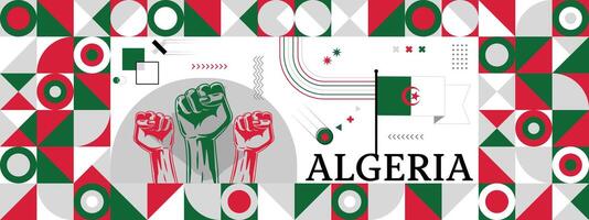 drapeau et carte de Algérie avec élevé poings. nationale journée ou indépendance journée conception pour pays fête. moderne rétro conception avec abstrait Icônes. vecteur