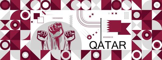 drapeau et carte de Qatar avec élevé poings. nationale journée ou indépendance journée conception pour pays fête. moderne rétro conception avec abstrait Icônes. vecteur