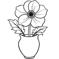 anémone fleur sur le vase contour illustration coloration livre page conception, anémone fleur sur le vase noir et blanc ligne art dessin coloration livre pages pour les enfants et adultes vecteur