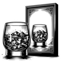 noir et blanc silhouette de une verre whisky scotch sur le rochers vecteur