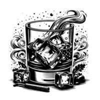 noir et blanc silhouette de une verre whisky scotch sur le rochers vecteur