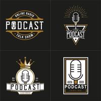 ensemble de style de logo rétro vintage pour le logo de podcast. avec microphone or, noir et blanc. logo premium et luxe vecteur