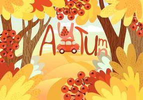 paysage d'automne avec des arbres, des baies de sorbier et une voiture rouge en arrière-plan. vecteur