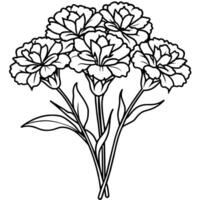 œillet fleur bouquet contour illustration coloration livre page conception, œillet fleur bouquet noir et blanc ligne art dessin coloration livre pages pour les enfants et adultes vecteur