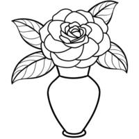 camélia fleur sur le vase contour illustration coloration livre page conception, camélia fleur sur le vase noir et blanc ligne art dessin coloration livre pages pour les enfants et adultes vecteur