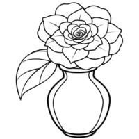 camélia fleur sur le vase contour illustration coloration livre page conception, camélia fleur sur le vase noir et blanc ligne art dessin coloration livre pages pour les enfants et adultes vecteur