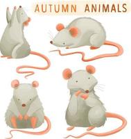 ensemble de souris peintes à l'aquarelle, animal d'automne, clipart de la faune. dessinés à la main isolé sur fond blanc vecteur