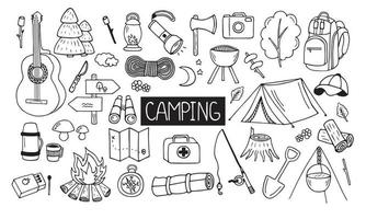 ensemble d'éléments de camping et de randonnée dans le style doodle. pique-nique, accessoires et équipement de voyage. illustration vectorielle dessinés à la main isolé sur fond blanc. vecteur