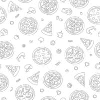 modèle sans couture de vecteur de pizza noir et blanc. répéter l'arrière-plan avec des morceaux de pizza monochromes isolés, du fromage, des tomates, du poivre, du basilic, des champignons, des saucisses, du salami, du bacon, des olives, des crevettes, de la mozzarella