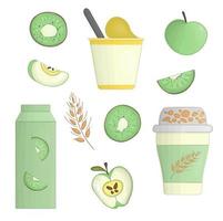 illustration vectorielle de yaourt et de fruits. ensemble de yaourts à boire et glacés. produits laitiers bio frais avec kiwi, pomme, épi de céréale. vecteur