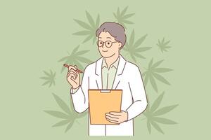 cannabis légalisation examiné par homme médecin dans manteau en utilisant presse-papiers pour scientifique expériences vecteur