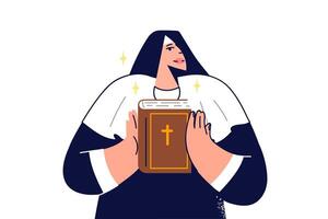 femme religieuse détient saint Bible dans mains et démontre principale Christian livre à paroissiens vecteur