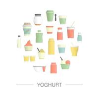 ensemble de couleurs vectorielles de différents types de yaourts encadrés en cercle. ensemble dessiné à la main de produits laitiers frais biologiques isolés sur fond blanc. collecte d'aliments naturels. vecteur