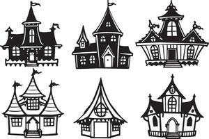 ensemble de Halloween Maisons - noir et blanc illustrations. vecteur