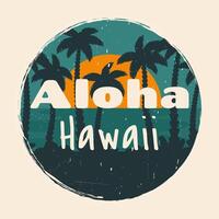 aloha Hawaii. le coucher du soleil plage dans ancien style. été plage Contexte. magnifique paysage marin avec silhouettes de tropical paume feuilles, lever du soleil, océan. dessin animé plat illustration vecteur